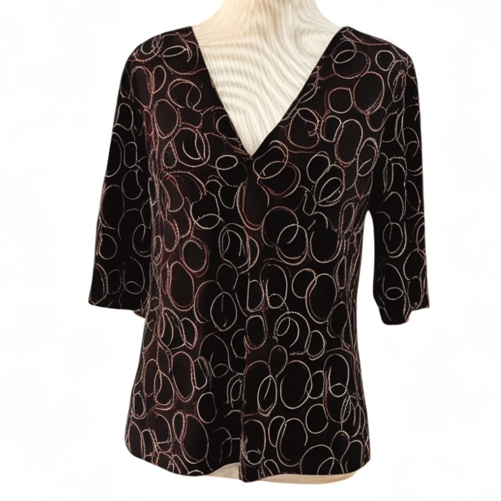 GEORGE STRETCH Y2K HALF SLEEVE V NECK ABSTRACT PRINT TOP BLK MULTI SZ L 12 TO 14
